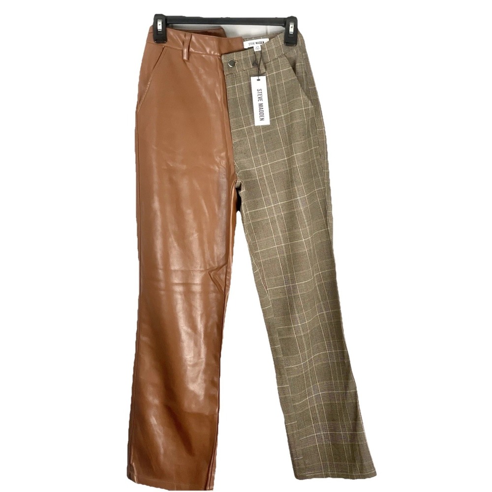 Steve‎ Madden Mixed-Media Pants Leather And Plaid Chicory Coffee Size 25 NEW